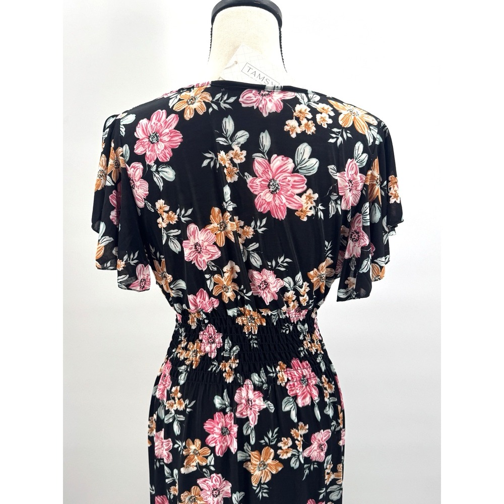 Tamsy Dark Floral Babydoll Maxi Dress OS Flutter Sleeve Stretch Whimsigoth Boho - Picture 6 of 12